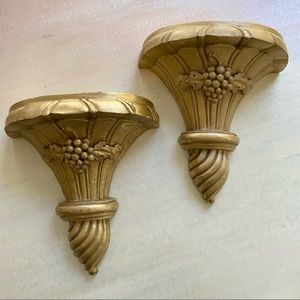 Pair of Vintage Ceramic Gold Wall Bracket Shelves Grape Design
